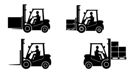 Forklift Operations: Lifting, Transporting, and Stacking Icons. This collection effectively represents logistics, warehousing, material handling, and industrial operations.
