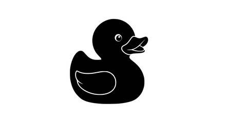A Simple Black Silhouette of a Rubber Duck Facing Forward with Its Mouth Open and Eyes Wide Open on a White Background