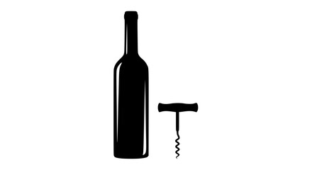 A Classic Black Silhouette of a Wine Bottle and a Corkscrew Presented Against a Clean White Background Symbolizing the Art of Wine Opening and Enjoyment