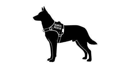 Silhouette of a German Shepherd type dog wearing a search and rescue vest for professional assistance operations