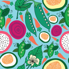 carrots, peas, beetroot, pitaya, flowers, papaya seamless pattern. Carrots, papaya, peas pods, leaves, vegetable garden theme seamless pattern
