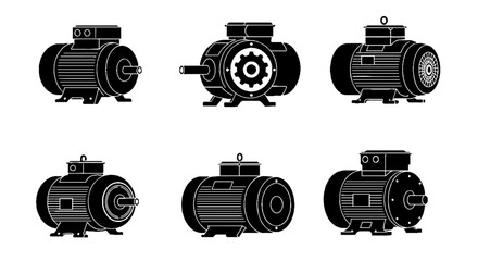 Collection of Industrial Electric Motor Icons. This versatile collection is ideal for designs related to manufacturing, engineering, industrial automation, power generation, and mechanical systems
