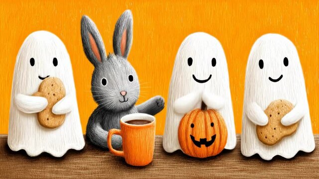 Cute Ghosts, Bunny, and Halloween Treats - Three friendly ghosts and a cute bunny rabbit enjoy Halloween treats and a warm beverage together against a vibrant orange background.