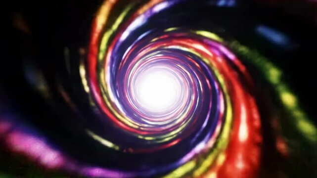 A vibrant vortex of multiple colors swirls and rotates, drawing the viewer into its luminous center.