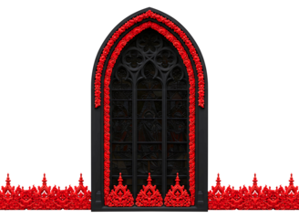 Gothic arch window decorated with red flowers isolated on transparent background