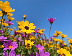 Obraz premium the image showcases a field of flowers under a clear, blue sky, the foreground is filled with a mix of vibrant yellow and purple flowers, creating a colorful contrast