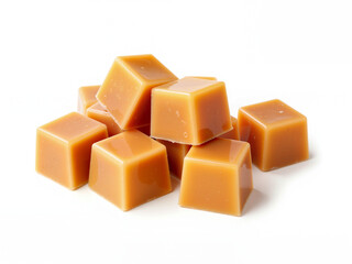 Caramel square cubes stacked on white background  