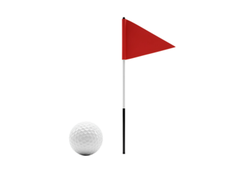 Golf ball and red flag on a putting green isolated on transparent background