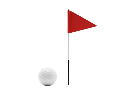 Golf ball and red flag on a putting green isolated on transparent background