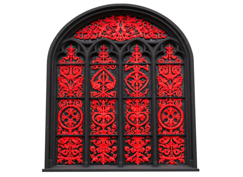 Gothic arch window decorated with red flowers isolated on transparent background