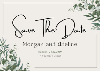 Green Beige Aesthetic Vintage Floral Elegant Tender Wedding Save The Date Card