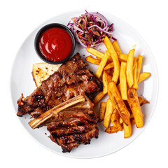 Grilled Ribs Meal with French Fries and Salad Served on a White Plate with a Red Sauce Isolated with Transparent Background