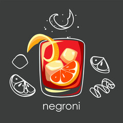 Negroni cocktail. Classic alcoholic drink with orange and ice in a glass on a dark background. Vector illustration.