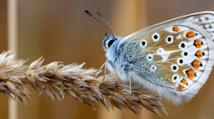 Detailed Macro of a Common Blue Butterfly on Grass, Vibrant Wing Patterns with Blue and Orange Spots, Summer Nature Wildlife