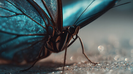 Macro Shot of a Vibrant Blue Butterfly with Sparkling Wings, Detailed Close-up on a Textured Surface, Nature's Beauty, Insect World