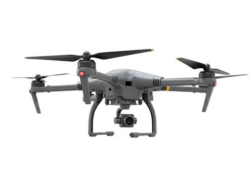 Modern gray quadcopter drone with camera gimbal isolated on transparent background
