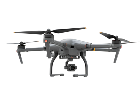 Modern gray quadcopter drone with camera gimbal isolated on transparent background