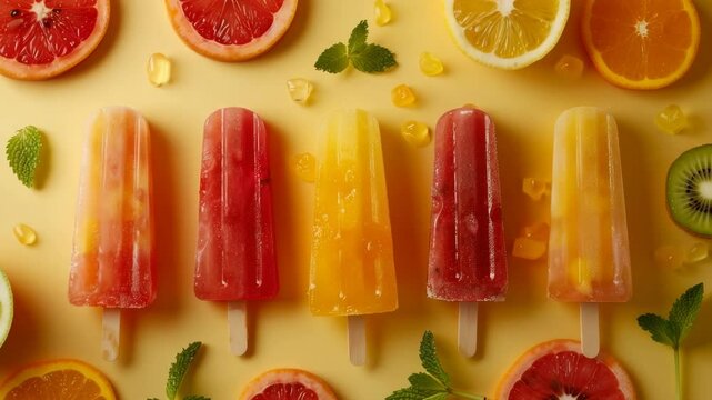 Colorful fruit ice creams laid out in a row with citrus slices, mint leaves and ice cubes on yellow background