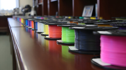 Extensive Collection of Colorful 3D Printer Filament Spools, Array on Table in Workshop or Lab, Additive Manufacturing Supplies