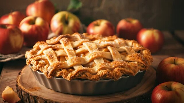 Homemade apple pie with a golden lattice crust surrounded by fresh apples on a rustic wooden surface