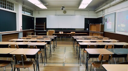 Sunlit Empty Classroom with Vintage Wooden Desks and Chalkboard, Minimalist Educational Space Featuring Dust Particles and Warm Sunbeams Streaming Through Windows, Copy Space