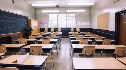 Sunlit Empty Classroom with Vintage Wooden Desks and Chalkboard, Minimalist Educational Space Featuring Dust Particles and Warm Sunbeams Streaming Through Windows, Copy Space