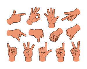Fototapeta premium Collection of Cartoon Hand Gestures Illustrating Various Signals and Hand Signs on White