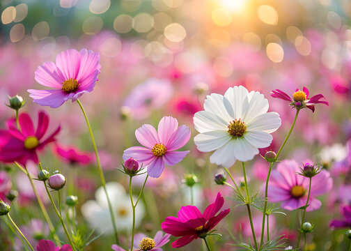 Field of cosmos flowers, pink and white blossoms, bokeh background generative ai - Powered by Adobe