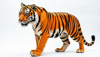 Fototapeta premium A majestic Royal Bengal tiger, its vibrant orange and black stripes glistening in the light, standing regally against a pure white background, crafted from intricately arranged real sticks, with the w