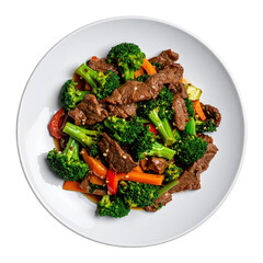 Beef and Broccoli Stir Fry on White Plate Isolated on Transparent Background with Vibrant Colors and Detailed Texture
