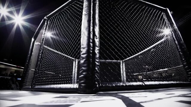 Empty MMA fighting cage illuminated by bright spotlights, symbolizing combat sports, intense competition, and a challenging arena for martial arts.

