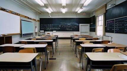 Sunlit Empty Classroom with Vintage Wooden Desks and Chalkboard, Minimalist Educational Space Featuring Dust Particles and Warm Sunbeams Streaming Through Windows, Copy Space