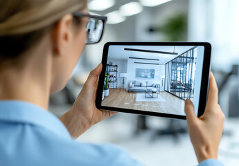 woman holding tablet displaying augmented reality of modern living room, showcasing stylish sofa and contemporary decor. scene evokes sense of innovation and design