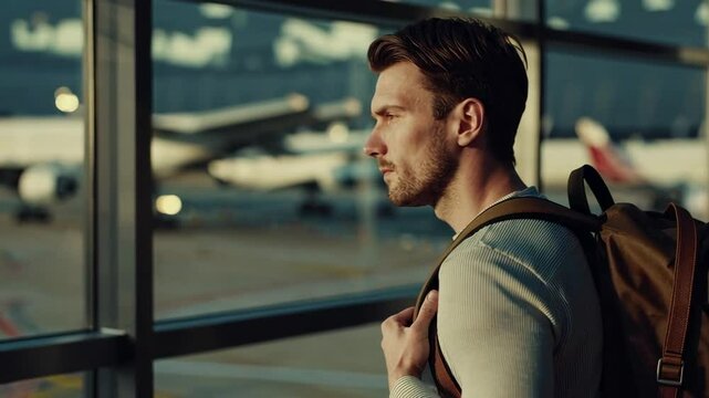 Confident young businessman standing near airport window, gazing at airplanes while waiting to board international flight with professional backpack
