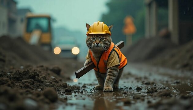 "A cinematic scene during heavy rain on a muddy construction site. In the distance, a cat is walking through the muddy ground, dressed like a construction worker. The cat wears an orange safety vest a