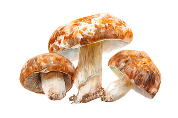 Watercolor Painting of Three Brown Mushrooms Isolated on Black