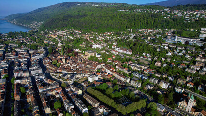 A panoramic aerial view around the old town of the city Biel/Bienne in Switzerland on a sunny...