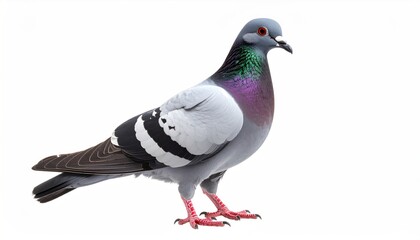 Fototapeta premium Detailed isolated grey pigeon with iridescent neck feathers on white backdrop