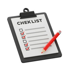 3D Render of Checklist Clipboard with Red Pencil – Task Management and To-Do List Planning, Isolated on White or Transparent Background