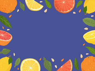 Citrus frame. Vector illustration with lemon. grapefruits and leaves, seeds. Isolated on blue background. Colourful citrus collection. summer fruits.