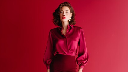 Fototapeta premium Elegant woman poses in a vibrant red outfit against a matching background showcasing modern fashion
