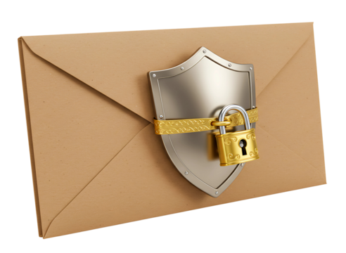 Secure envelope with shield and padlock symbolizing data protection and privacy isolated on transparent background