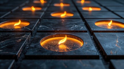 Geometric pattern of burning candles in dark stone.