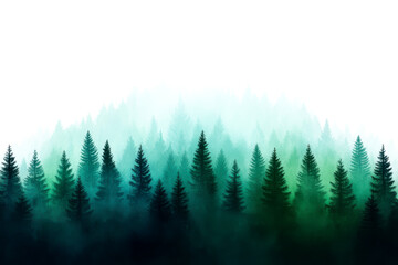 Obraz premium A misty evergreen forest fades into a pale sky, creating a serene and tranquil natural landscape.