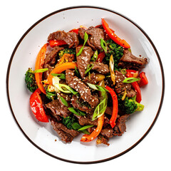 Delicious Bulgogi Beef Dish on White Plate Isolated Offering Appetizing Korean Cuisine with Colorful Vegetables and Fresh Ingredients
