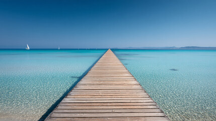 Obraz premium Long Wooden Pier Extending into Crystal Clear Turquoise Sea
