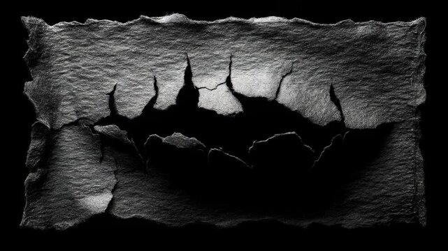 Torn Gray Paper with Dark Hole - A close-up shot of a piece of gray paper with a large, irregularly shaped hole torn in the center.
