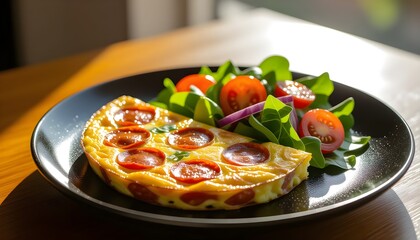 Chorizo Frittata with salad on black  plate. healthy morning breakfast food