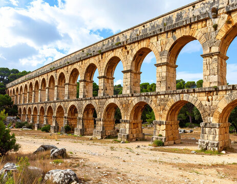 The Roman aqueduct of Zaghouan, its ancient arches stretching across the landscape, an engineering marvel from antiquity.