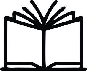 A simple black and white line drawing of an open book with fanned pages representing knowledge and learning